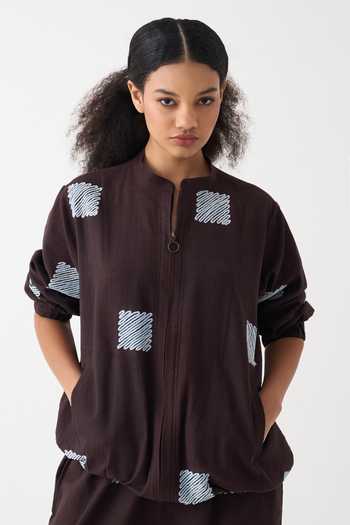 Three Square Wave Embroidered Bomber Jacket 