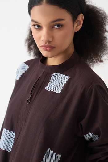 Three_Blue Cotton Embroidery Mandarin Collar Square Wave Bomber Jacket _at_Aza_Fashions