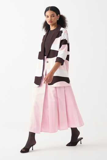 Three_Pink Chanderi, Crepe Applique Striped Jacket _Online_at_Aza_Fashions