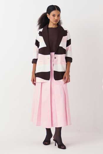 Three_Pink Chanderi, Crepe Applique Striped Jacket _at_Aza_Fashions