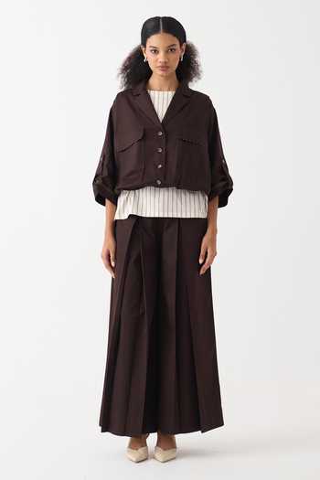 Three_Brown Collared Relaxed Dark Cotton Poplin Jacket And Slip Set _Online_at_Aza_Fashions