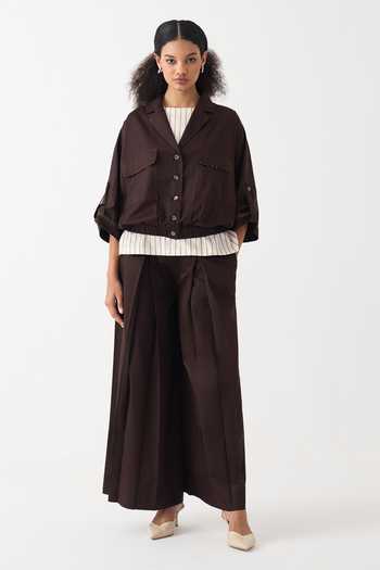 Buy_Three_Brown Collared Relaxed Dark Cotton Poplin Jacket And Slip Set _Online_at_Aza_Fashions