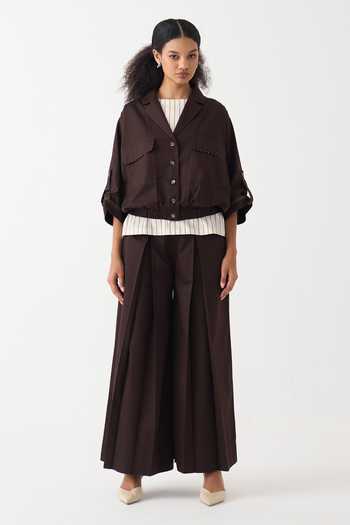 Shop_Three_Brown Collared Relaxed Dark Cotton Poplin Jacket And Slip Set _Online_at_Aza_Fashions