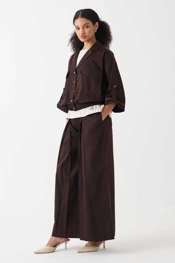 Three_Brown Collared Relaxed Dark Cotton Poplin Jacket And Slip Set _at_Aza_Fashions