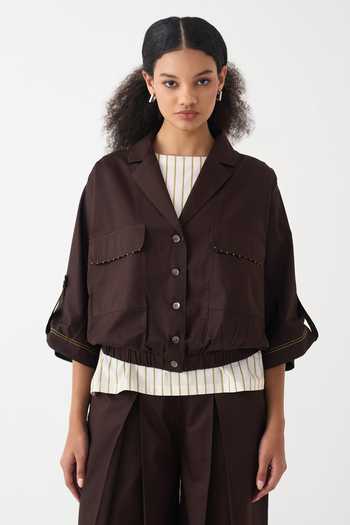 Three Relaxed Dark Brown Cotton Poplin Jacket & Slip Set 