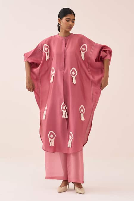 Shop_Three_Coral Fringe Chanderi Tunic _Online_at_Aza_Fashions