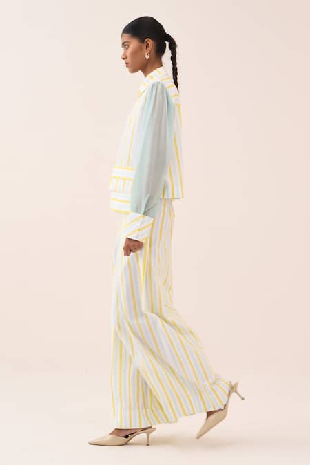 Three_Blue Cotton, Georgette, Poplin Striped Shirt _Online_at_Aza_Fashions