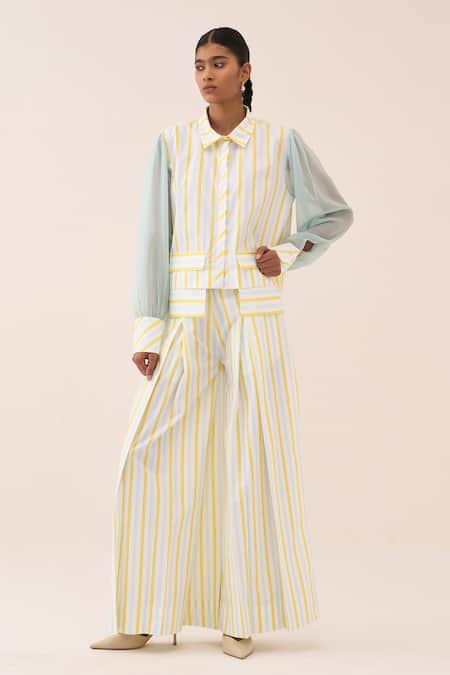 Buy_Three_Blue Cotton, Georgette, Poplin Striped Shirt _Online_at_Aza_Fashions