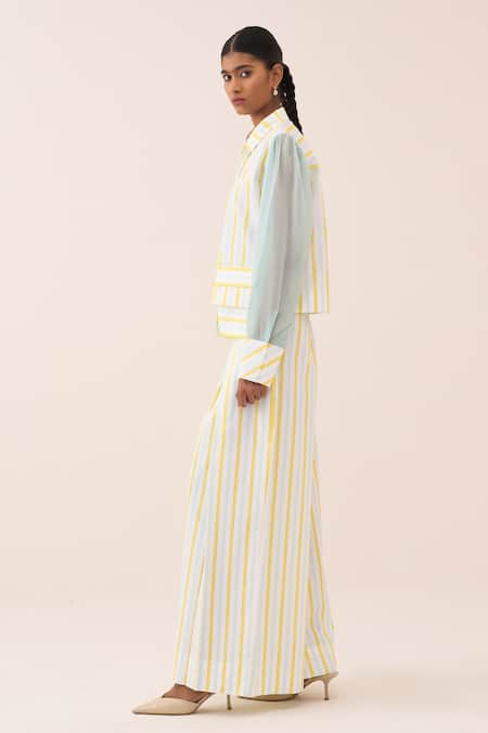 Three_Blue Cotton, Georgette, Poplin Striped Shirt _at_Aza_Fashions