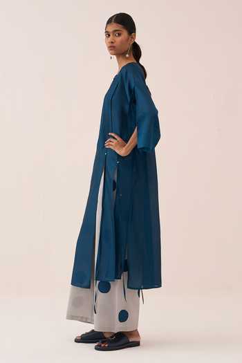 Buy_Three_Teal Chanderi Round Neck Kurta _Online_at_Aza_Fashions
