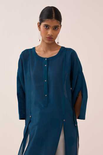 Three_Teal Chanderi Round Neck Kurta _at_Aza_Fashions