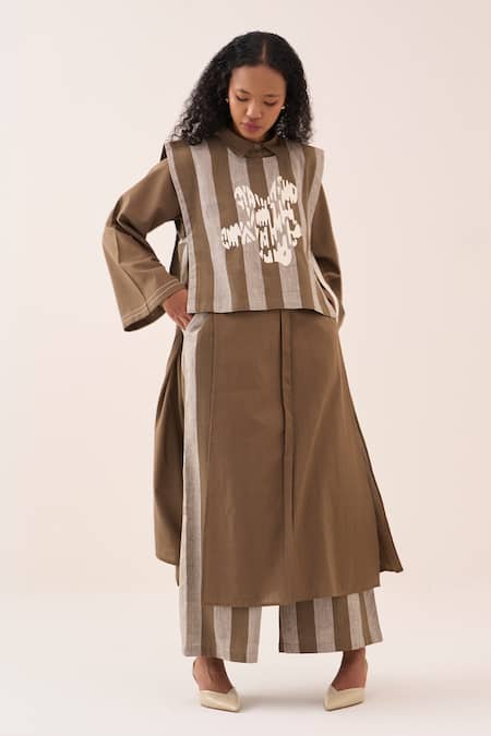 Buy_Three_Beige Embroidery Handwoven Cotton Tunic And Overlay Set _Online_at_Aza_Fashions