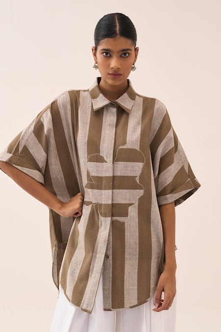 Three Floral Stripe Applique Handwoven Cotton Shirt 