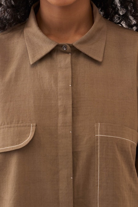 Three_Brown Cotton Fabric Flowers Handwoven Shirt _Online_at_Aza_Fashions