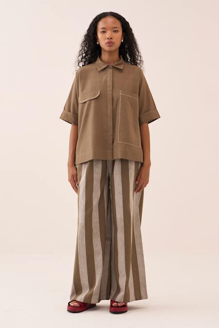 Buy_Three_Brown Cotton Fabric Flowers Handwoven Shirt _Online_at_Aza_Fashions