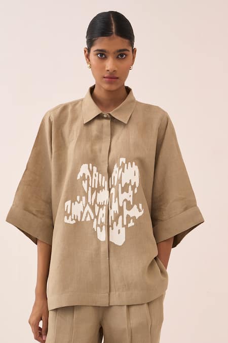 Three Floral Embroidered Linen Shirt 