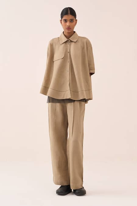 Shop_Three_Beige Linen Wide Hem Shirt _Online_at_Aza_Fashions