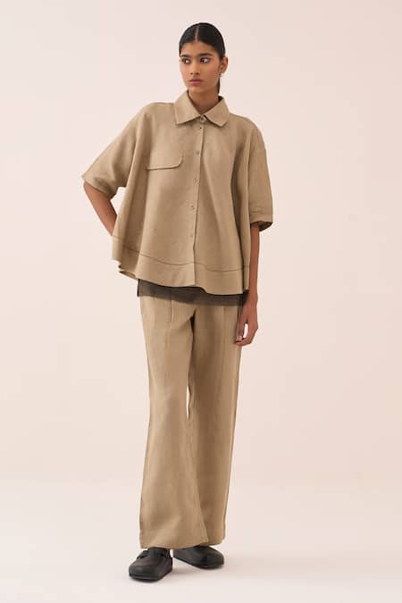 Buy_Three_Beige Linen Wide Hem Shirt 