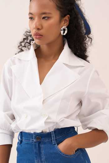 Buy_Three_White Cotton, Poplin Notched Neck Shirt _Online_at_Aza_Fashions