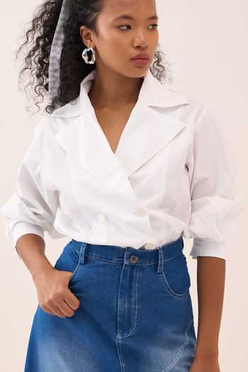 Shop_Three_White Cotton, Poplin Notched Neck Shirt 