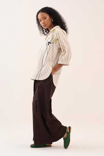 Three_Beige Cotton, Poplin Embroidery, Beads V-neck Striped Top _Online_at_Aza_Fashions