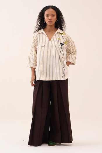 Shop_Three_Beige Cotton, Poplin Embroidery, Beads V-neck Striped Top _Online_at_Aza_Fashions