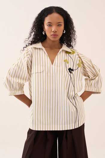 Three Beaded Striped Cotton Poplin Top 