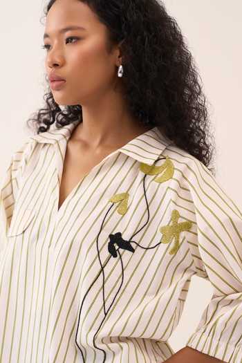 Three_Beige Cotton, Poplin Embroidery, Beads V-neck Striped Top _at_Aza_Fashions
