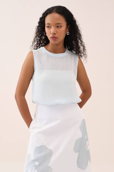 Shop_Three_Silk, Crepe Embroidery Round Neck Top _Online_at_Aza_Fashions