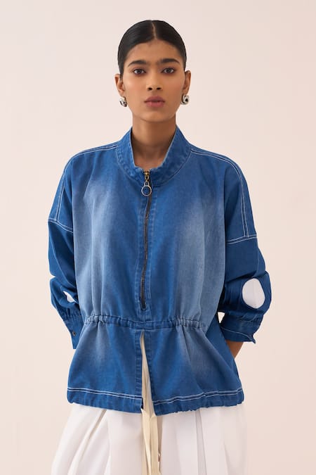 Three Denim Polka Dot Drawstring Top 