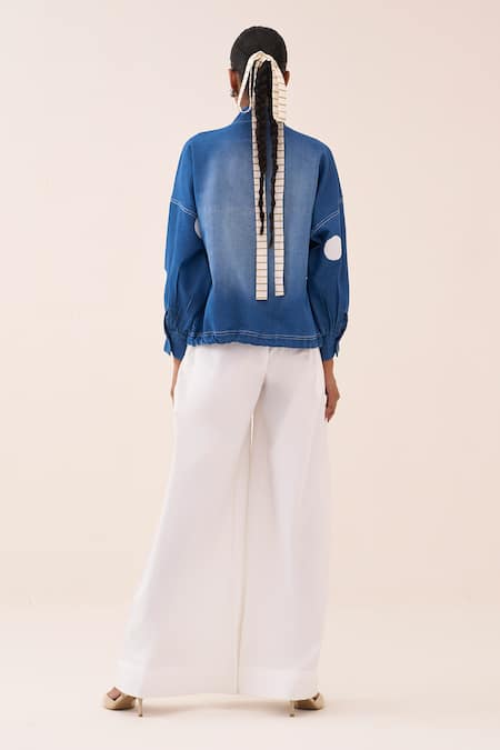 Three Denim Polka Dot Drawstring Top 