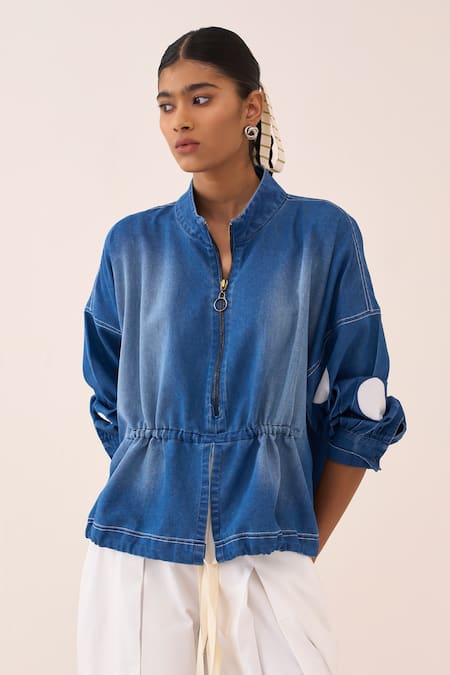 Shop_Three_Blue Denim Polka Dot Drawstring Top 