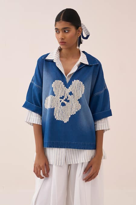 Buy_Three_Blue Denim Embroidery Top 