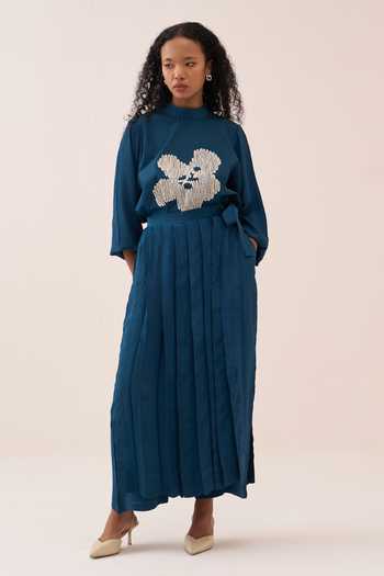 Shop_Three_Teal Cotton, Poplin Embroidery Mandarin Collar Floral Top _Online_at_Aza_Fashions