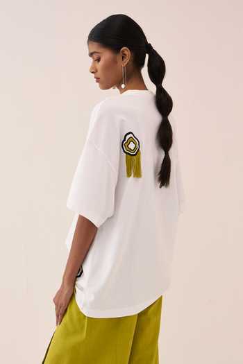 Three_White Cotton, Jersey Tassels Round Neck T-shirt _Online_at_Aza_Fashions