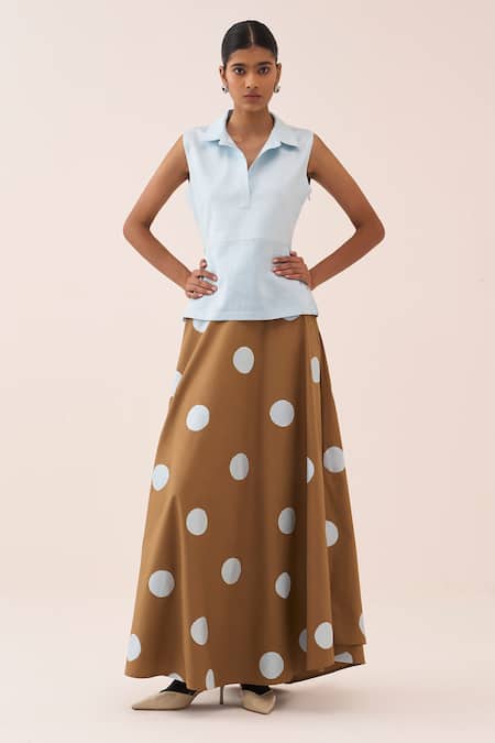 Buy_Three_Blue Cotton, Poplin Polka Dot Skirt _Online_at_Aza_Fashions