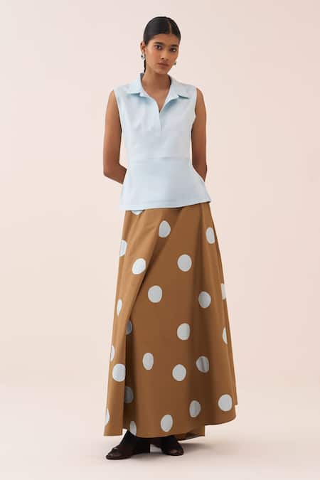 Shop_Three_Blue Cotton, Poplin Polka Dot Skirt _Online_at_Aza_Fashions