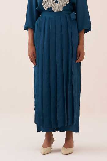 Three_Teal Crepe Pleated Skirt Overlay Pant _Online_at_Aza_Fashions