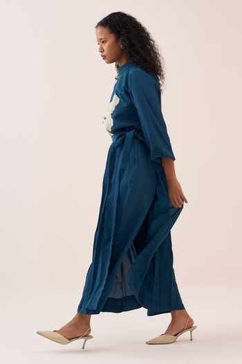 Buy_Three_Teal Crepe Pleated Skirt Overlay Pant _Online_at_Aza_Fashions