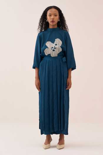 Shop_Three_Teal Crepe Pleated Skirt Overlay Pant _Online_at_Aza_Fashions