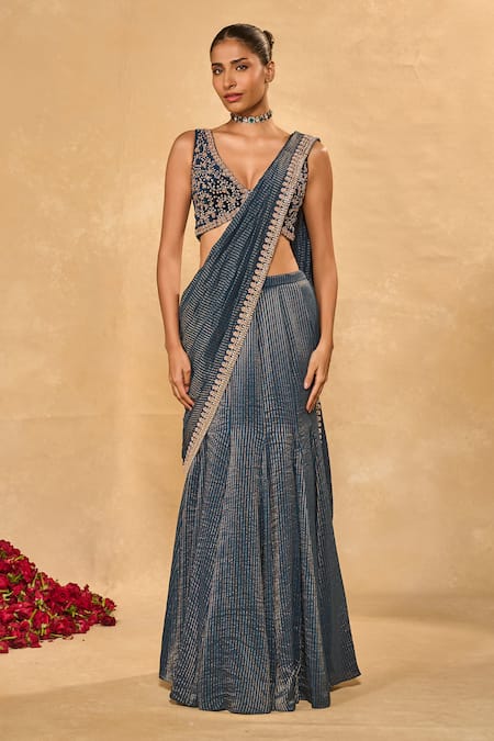 Chamee & Palak Kavya Jamewar Pre-Draped Saree With Velvet Blouse 