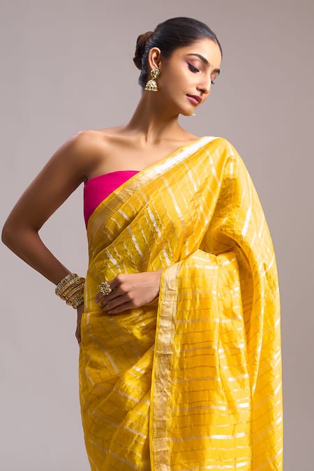 Buy_Mint N Oranges_Yellow Silk Zari Striped Pattern Saree With Unstitched Blouse Piece 
