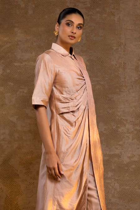 Eeda_Pink Silk, Tissue Asymmetric Tunic And Pant Set _Online_at_Aza_Fashions