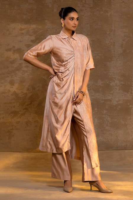Shop_Eeda_Pink Silk, Tissue Asymmetric Tunic And Pant Set _Online_at_Aza_Fashions