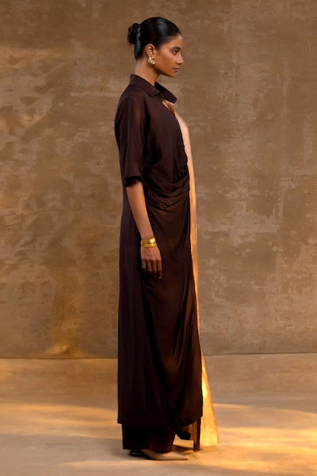 Eeda_Brown Silk, Tissue Asymmetric Tunic And Pant Set _Online_at_Aza_Fashions