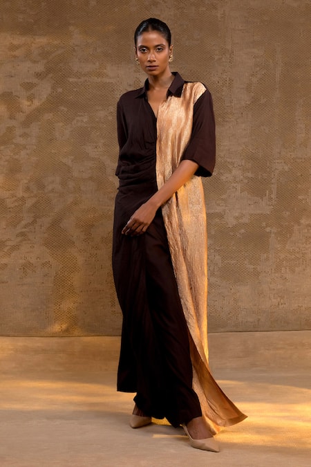 Shop_Eeda_Brown Silk, Tissue Asymmetric Tunic And Pant Set _Online_at_Aza_Fashions