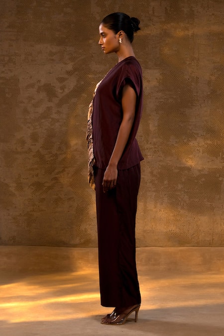 Buy_Eeda_Wine Silk, Tissue Asymmetric Top And Pant Set _Online_at_Aza_Fashions