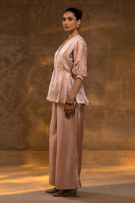 Eeda Pink Silk, Tissue Textured Jacket Pant Set at Aza Fashions Eeda_Pink Silk, Tissue Textured Jacket Pant Set _at_Aza_Fashions