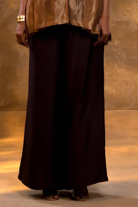 Eeda_Brown Silk, Tissue, Shantoon Crushed Chiniya Jacket Pant Set _Online_at_Aza_Fashions