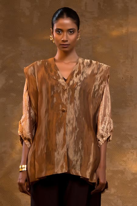 Buy_Eeda_Brown Silk, Tissue, Shantoon Crushed Chiniya Jacket Pant Set _Online_at_Aza_Fashions